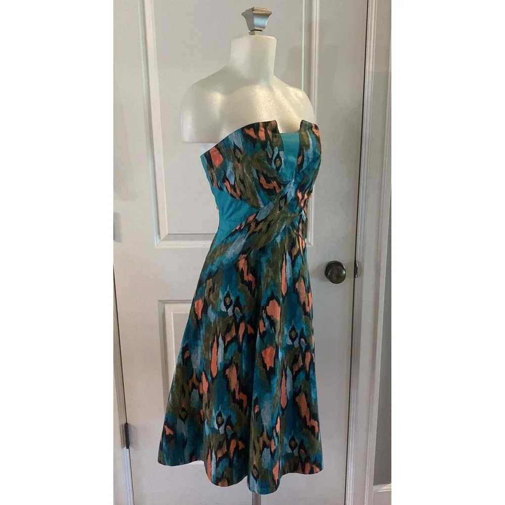 Anthropologie Girls From Savoy Teal‎ Painted Ikat Flared Strapless Dress Size 8